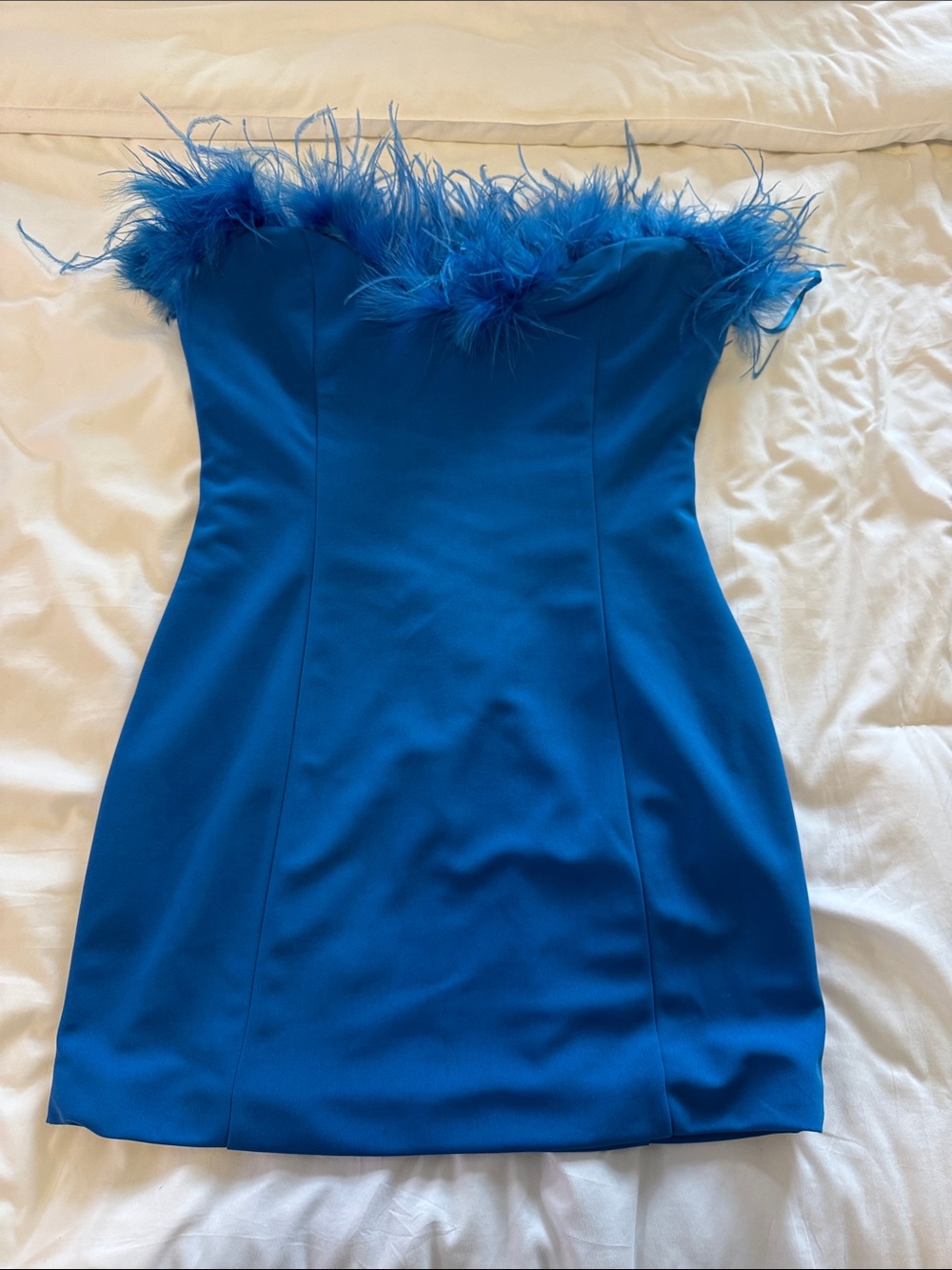 Strapless Feather Trim Mini Dress - Blue